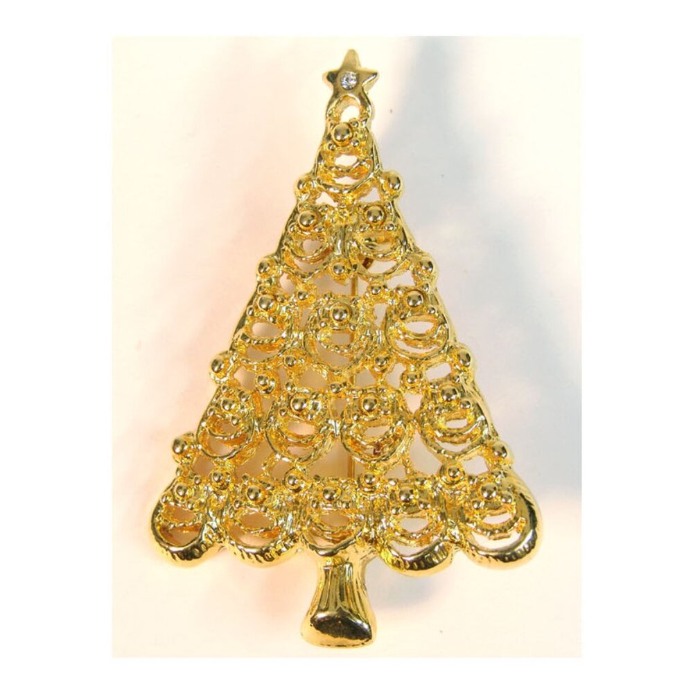 Vintage c1980s Rhinestone Star Christmas Tree Pin Brooch Gold Filigree Swirls